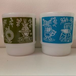 Pair of Fire King stacking milk glass D-handle mugs